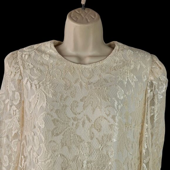 80s David Rose Flapper Party Dress Cream Lace Long Sleeve Shoulder Pads Womens 8 - Picture 10 of 11